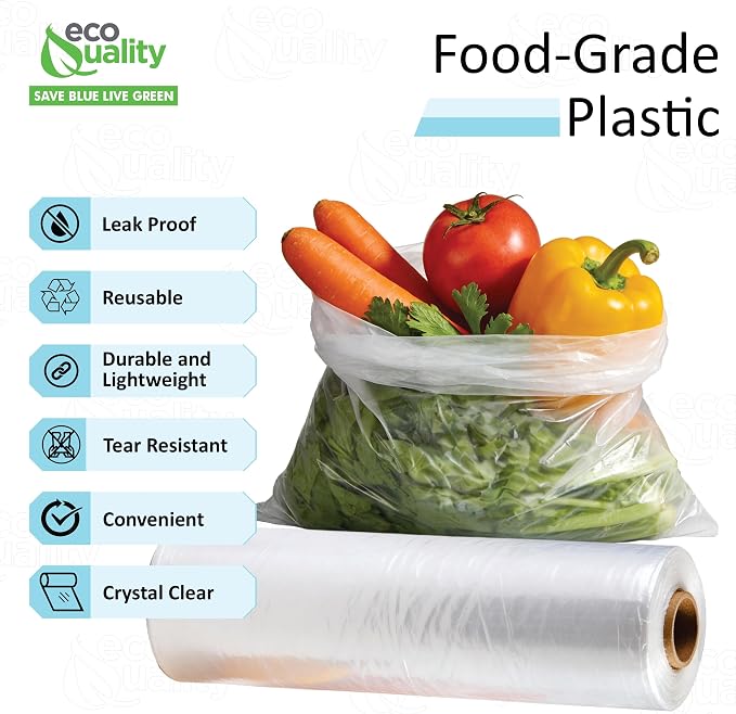 EcoQuality 18" x 24" Plastic Produce Bags on a Roll - 250 Clear Bags/Roll for Vegetables, Fruits, Bread, Pet Waste & Groceries