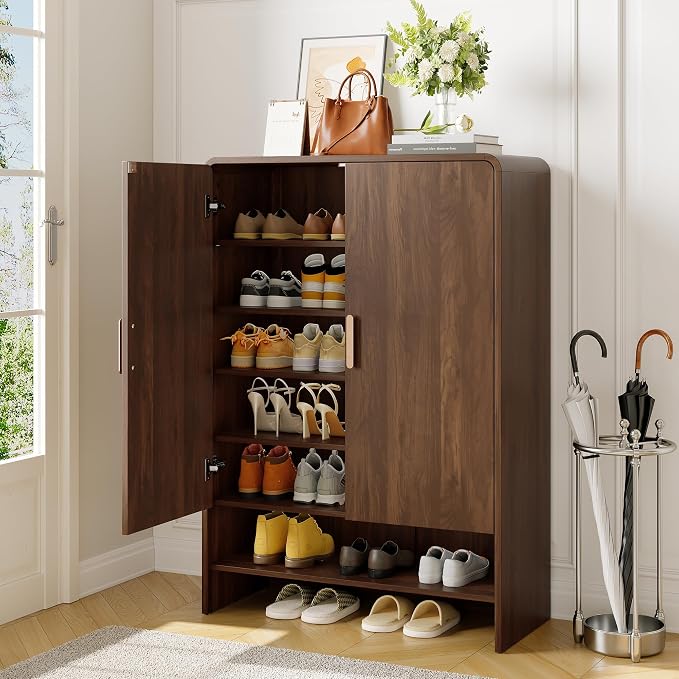 ONBRILL 6-Tier Shoe Storage Cabinet, 45'' Large Farmhouse Shoe Cabinet for Entryway, Modern Wooden Shoe Rack Organizer with Doors and Shelves, for Front Door Hallway (Walnut)