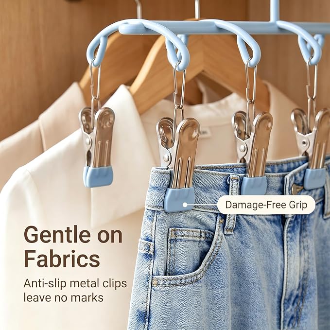 Pants Hangers with 20 Clips, Space Saving Hanging Closet Organizer (Blue) | 360°swivel & non-slip rustproof clips, multi-functional organizer holds leggings, skirts, hats, socks, scarves and lingerie