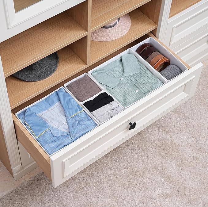 TYEERS Drawer Organizers, Durable Fabric, Washable, with Base Support Boards, Small Storage Boxes for Bathroom, Closet, Dresser, Set of 6, White