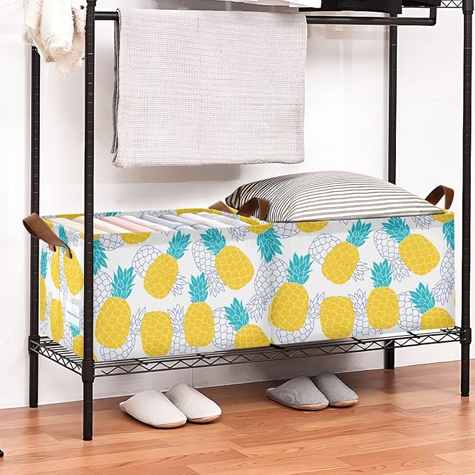 Aqua Blue and Yellow Pineapple Storage Basket Foldable Cube Storage Bins with Handles&Label Waterproof Organizer Box Bin Large Rectangle Decorative Baskets for Shelves Home Room Laundry-2 Pack