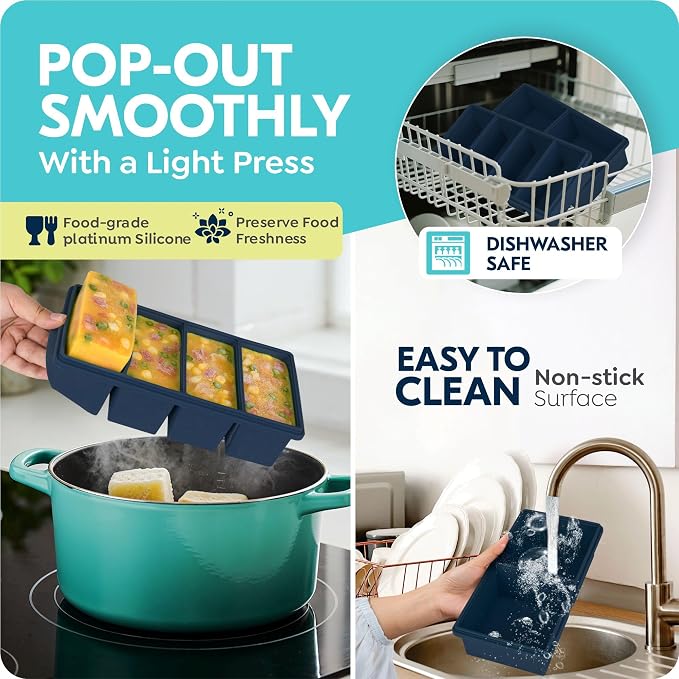 Silicone Freezer Trays with Lids, 2 Cup & 1 Cup Soup Container Style Ice Cube Trays, Easily prepare portioned meals, Great for storing soups and other dishes, Oven & Dishwasher-Safe(2-Pack)