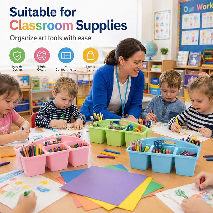 gisgfim 6 Pack Plastic Classroom Caddy with 6-Compartments Plastic Storage Caddies with Handle 6 Compartments Table Caddy Organizer Versatile Table Caddies for Classroom Office Storage, Pastel Color