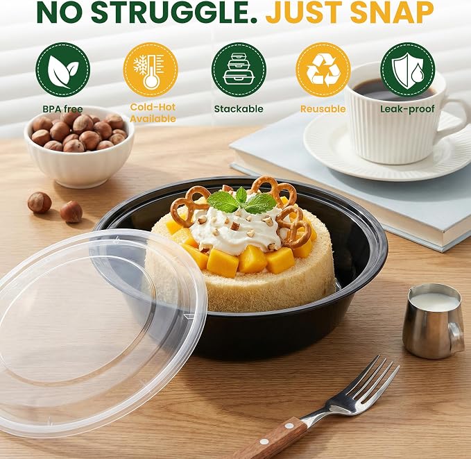 30oz Round 50-Pack Meal Prep Containers Reusable with Lids, To Go Take Out Plastic Food Storage Containers with Lids, Sturdy Leakproof & Food Safe, Microwave Freezer Dishwasher Safe Prep Containers