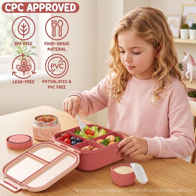 Fimibuke Kids Bento Lunch Box w/ 8.5oz Thermo Food Jar, Insulated Lunch Bag | Leak Proof 3-4 Compartments 60oz Toddler Lunch Food Container with Utensils, Sauce Cup for School Boys Girls, Dishwasher Safe