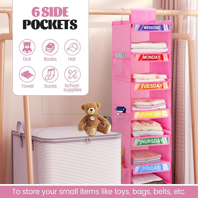 2 Pack 6-Shelf Weekly Clothes Organizer for Kids, Hanging Daily Closet Organization with 6 Side Pockets, Days of The Week Clothing Divider Storage for Boys and Girls (Pink)