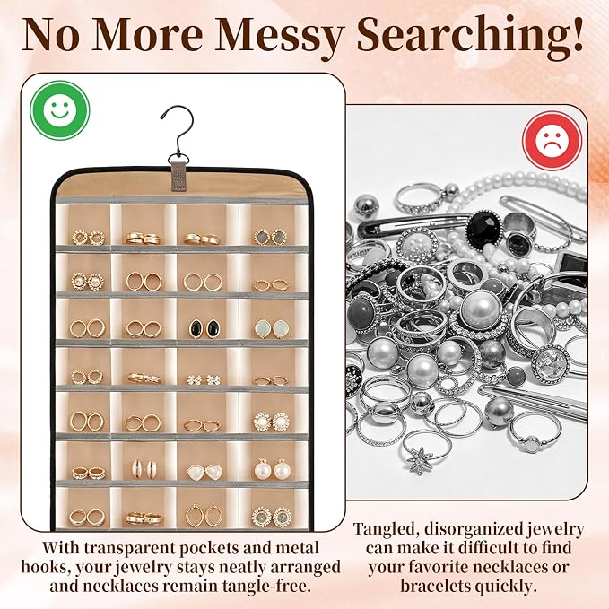 Double-Sided Hanging Jewelry Organizer 48 Pockets 21 Hooks Large Black Storage Bag Jewelry Organizer with Hanger for Closet Wall Door Tangle-Free Holder for Earrings Necklaces Rings Bracelets