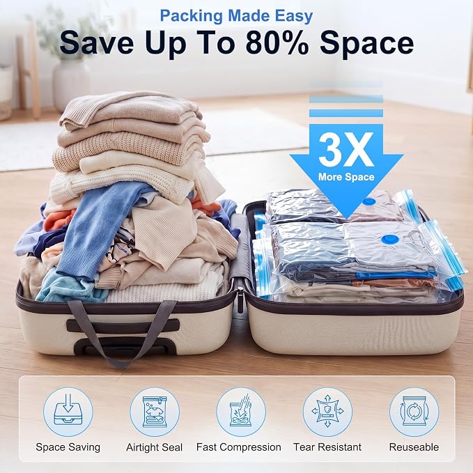 12 Pack Vacuum Storage Bags for Travel with Cordless Rechargeable Pump, Carry-On Compression Seal Bags for Luggage and Suitcase, Space Saver for Clothes and Packing