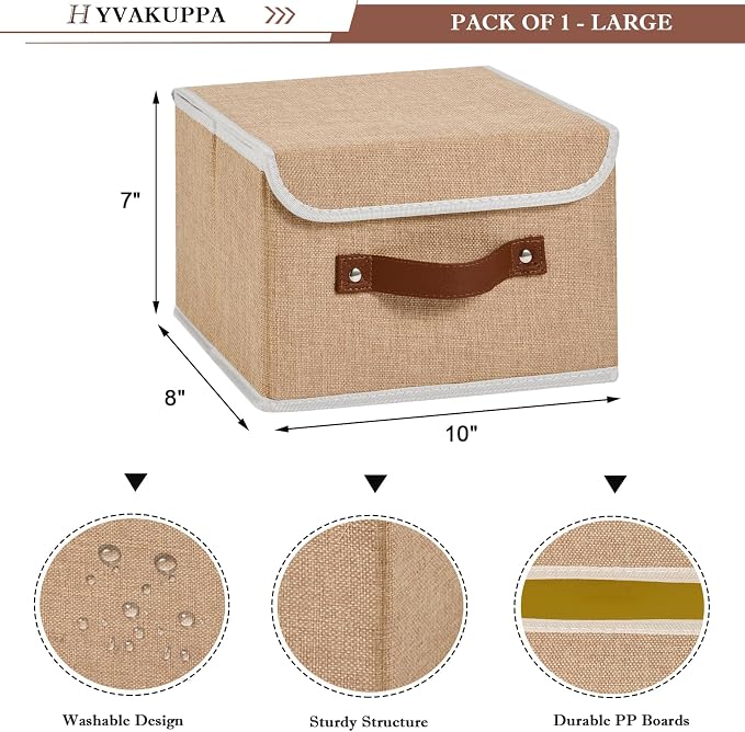 Collapsible Storage Boxes Baskets with Lid Cotton Linen Fabric Storage Bins with Faux Leather Handles Decorative Washable Cube Organizer Container for Home Closet Bedroom (Linen, Small Size)