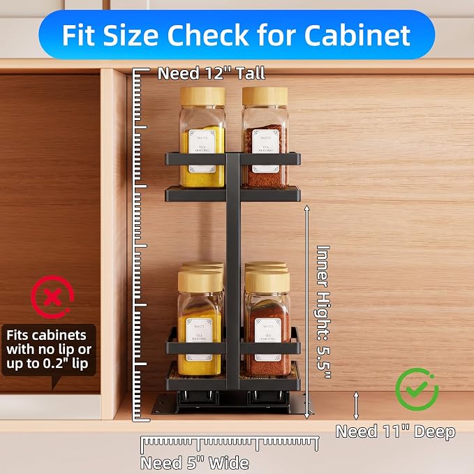 Pull Out Spice Rack 4Pcs Metal & Wood Seasoning Organizer Black | No-Drill Install | Full-Extension Silent Glide | Each Tier Holds 10–12 Standard Spice Bottles | Rustproof, Wipe-Clean Surface