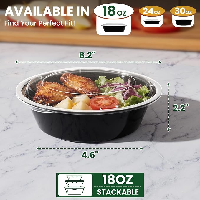 18oz Round 50-Pack Meal Prep Containers Reusable with Lids, To Go Take Out Plastic Food Storage Containers with Lids, Sturdy Leakproof & Food Safe, Microwave Freezer Dishwasher Safe Prep Containers