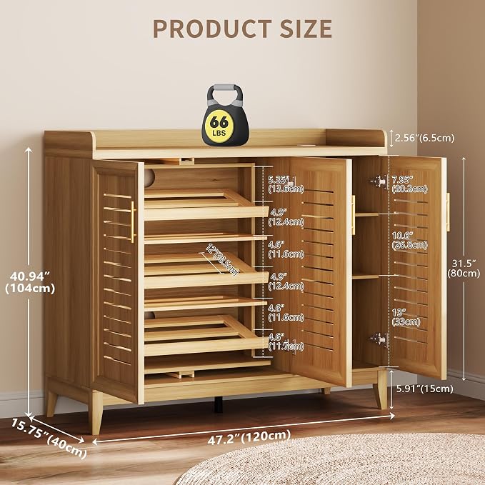 Vlsrka Shoe Storage Cabinet with Shutter Doors and Adjustable Shelves | 6 Tier Wooden Shoe Organizer, Large Capacity, Human Sensor Lighting, 180° Rotating, for Entryway, Hallway, Living Room, Wood