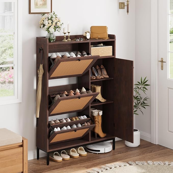 Garvee Shoe Cabinet with 3 Flip Drawers, Freestanding Shoe Organizer with 4-Tier Shoe Storage Cabinet and Adjustable Shelf & Rattan Doors,Narrow Shoe Rack Cabinet for Entryway, Closet, Hallway