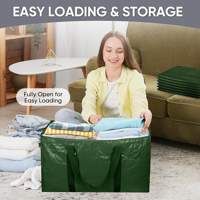 TICONN 8 Pack Extra Large Moving Bags Heavy Duty with Zippers & Carrying Handles, Durable Storage Bags Moving Boxes for Closet Organizers and Storage (8 Pack, Olive)