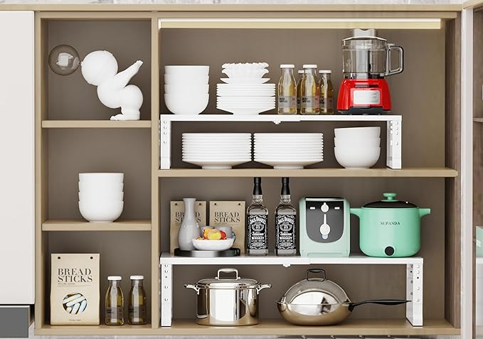 Jojocross Expandable Stackable Spice Rack Organizer for Kitchen Cabinet,Adjustable Counter Shelf, countertop, Pantry,Cupboard,Bathroom,Bedroom(3Packs/White/Medium)