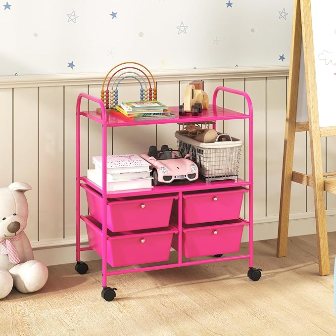 Moccha Rolling Storage Cart with 4 Drawers - Storage Drawers Organizer with wheels for Craft Art Supply Paper Salon, Scrapbook Paper Tools, Movable Utility Cart for Classroom School Studio, Hot Pink