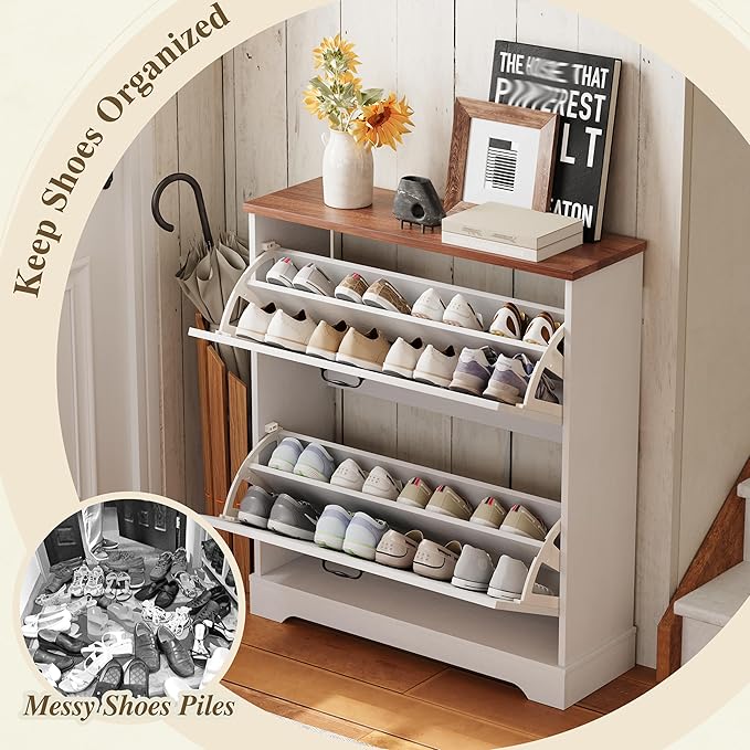 Semiocthome Farmhouse Shoe Storage Cabinet with 2 Flip Drawers, 31.5"(W) Freestanding Shoe Organizer with Barn Door and Metal Handles for Entryway, Rustic Narrow Slim Shoe Rack Cabinet - White