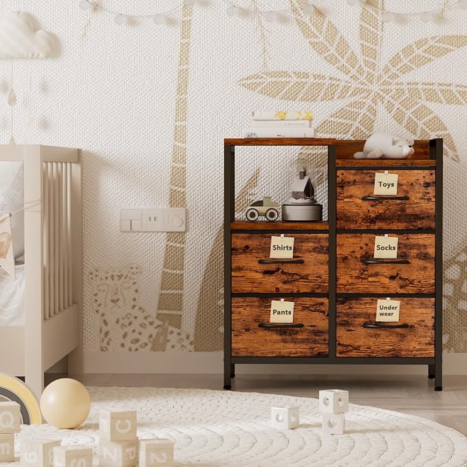 Furnulem Rustic Brown Dressers for Bedroom, 5 Drawer Dresser for Closet | Small Fabric Dresser with 2 Tier Shelf, Drawer Units with Sturdy Metal Frame, Storage Cabinet Organizer for Hallway, Wood Top