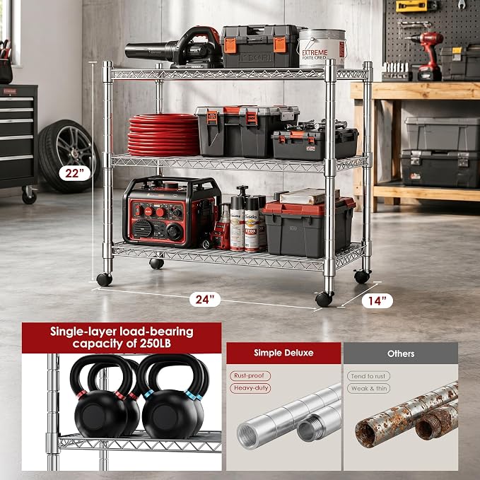 Heavy Duty 3-Shelf Shelving Unit, 24.02" W x 13.78" D x 21.97" H Chrome Steel Storage Rack with Wheels, 2 PP Shelf Liners and Hooks, Adjustable Under Desk Organizer for Kitchen, Office, Garage