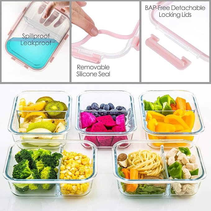 C CREST Glass Meal Prep Containers 2 Compartment Set, 5-Pack, 34oz | Glass Bento Boxes for Adults, Divided Glass Lunch Containers with Lids