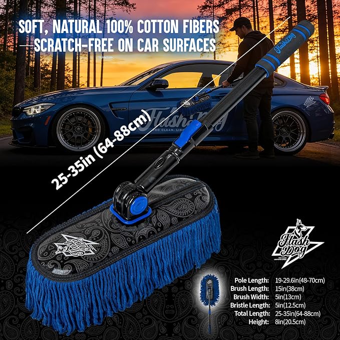 Flash Dog Car Duster Exterior - Wax Treated Cotton & Extendable Aluminum Alloy Handle Scratch Free Cleaning Brush for Cars, Trucks, SUVs, RVs, Motorcycles | Waterless Dust & Pollen Remover