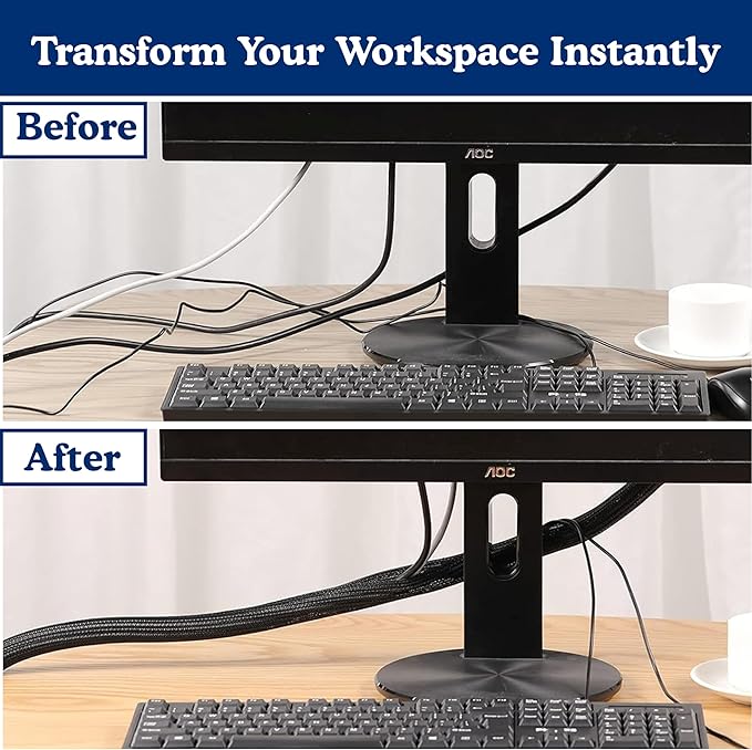Cable Management Sleeve & Cord Organizer for Desks - Wire Management Cover to Conceal & Protect Messy Cables for Computers, TV & Electronics - 10 ft x 0.5"
