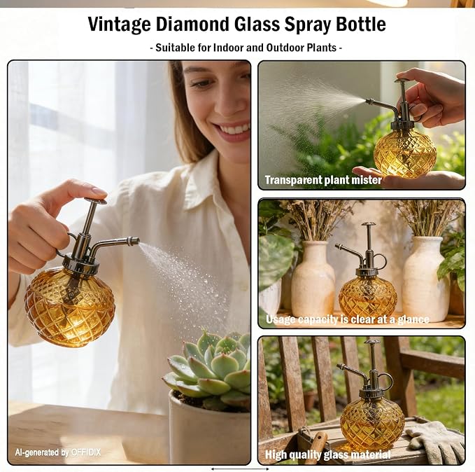 OFFIDIX Vintage Glass Spray Bottle, 300ML Plant Mister with Plastic Top Pump, Garden Sprayer, Cleaning (Brown)