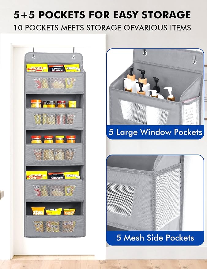 Meolsaek Over the Door Organizer,46lbs Anti-Tilt Behind the Door Storage | 5 main compartments (15.5"L×10.5"H×6"W) and 5 mesh side pockets maximize behind-the-door space for closets or pantries