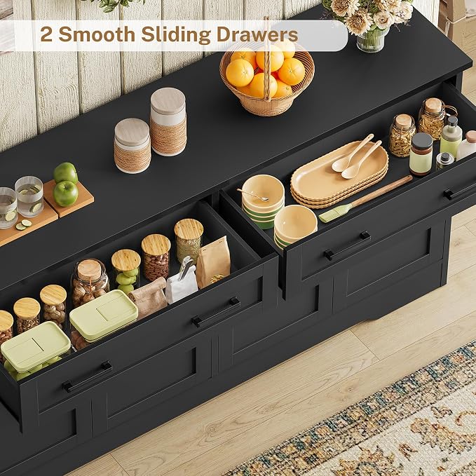 usikey 55" Buffet Cabinet with Storage and Drawers, Large Sideboard Buffet Cabinet with Adjustable Shelves and Doors, Modern Coffee Bar for Kitchen, Living Room, Black