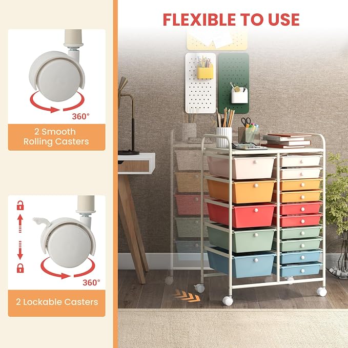 Moccha 15-Drawer Rolling Storage Cart - Under Desk Storage Drawers with wheels for Craft Art Supply Paper Salon, Scrapbook Paper Tools, Mobile Utility Cart for Classroom (15 Drawers, Macaron)
