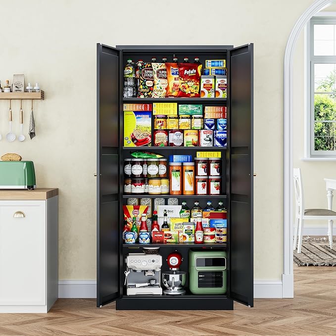 Letaya Black Storage Cabinet with Adjustable Shelves-Metal Home Kitchen Pantry Cabinets with Doors,Organization Locker for Cupboard/Bedroom/Dining/Living/Bathroom/Office/Garage Room