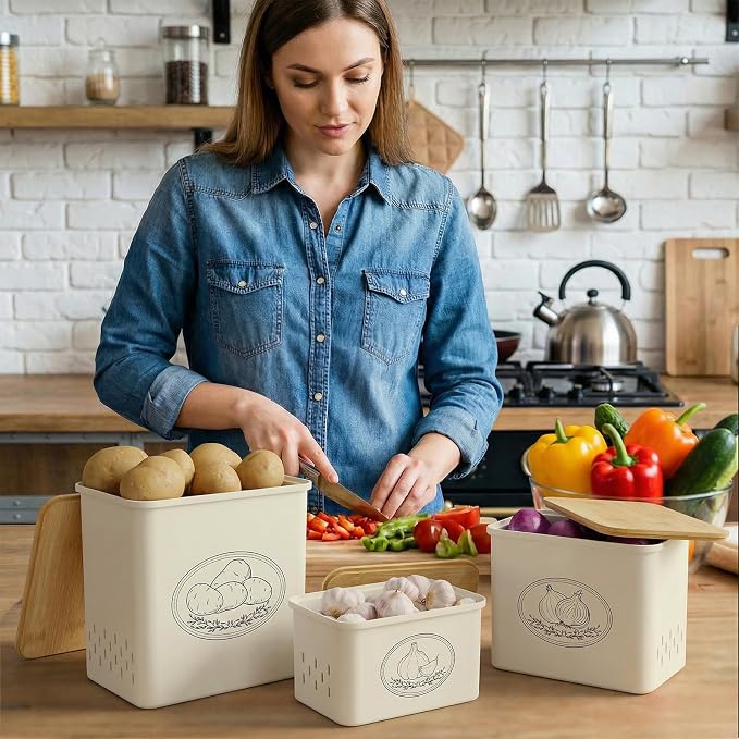 Lifewit Plastic Potato and Onion Storage Bin Box, Set of 3, Beige | Stackable Garlic Keeper, Vegetable Container Box, Aerating Holes & Lid for Pantry Countertop