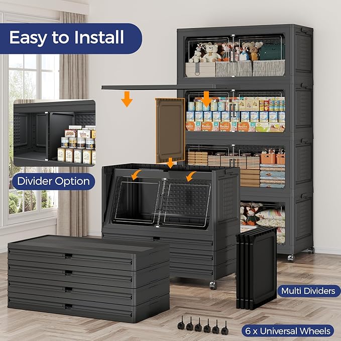 200GAL Storage Bins with Lid and Wheels, Stackable Closet Organizers and Storage Drawer, Collapsible Storage Box with Dividers, Foldable Plastic Cabinets for Room, Kitchen, 5 Pack Black