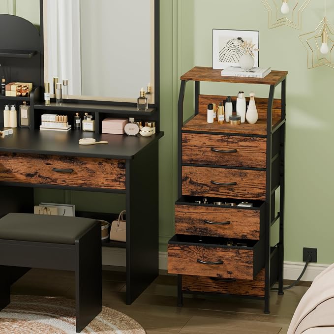 Furnulem 5 Drawers Dresser with Charging Station, Tall Night Stand with Storage Shelf, Fabric Chest of Drawers, Bedside Table for Closet, Entryway, Bedroom Furniture, 3 Ways to Use, Rustic Brown