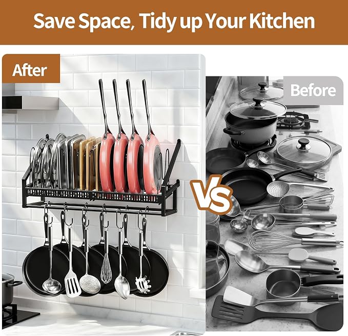 Housolution Wall Mounted Pan Holder Rack Lid Organizer Cookware Hanger | 24.8" Length, 14 Adjustable Dividers, Sturdy Metal Construction, Easy Assembly