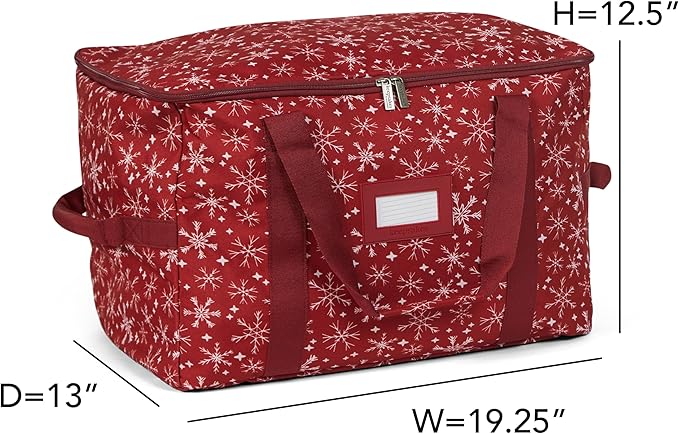 Covermates Keepsakes Adjustable Ornament Storage Bag – Heavy-Duty Polyester, Padded Dividers & FlexGrid Trays – Protective Holiday Ornament Organizer with Handles & Label Window, Red Snowflake