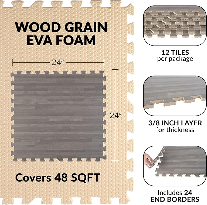 EVA Foam Floor Tiles 12-Pack - 48 SQFT Woodgrain Puzzle Mats for Floor - Interlocking Foam Tiles for Family Room or Gym Flooring by Stalwart (Gray)