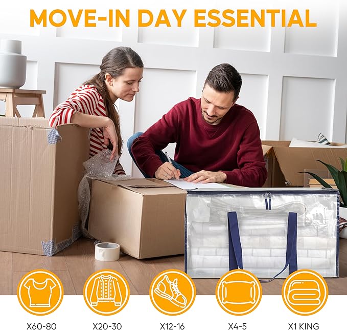 HealSmart 8 Pack Large Moving Bags with Zippers & Handles, Moving Supplies with lids, Heavy Duty Totes for Space Saving, Fold Flat, Moving and Storing, Clear