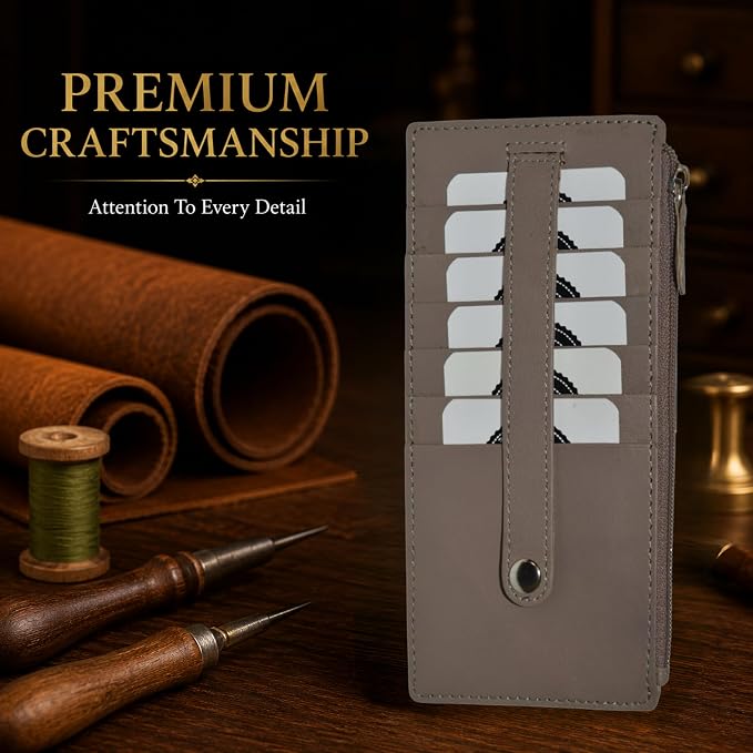 Leatherboss Genuine Leather Women's All in One Credit Business Card Case Holder Slim Zipper Wallet With a Card Protection Strap, Light Brown