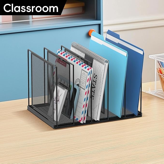 File Organizer for Desk, 5-Section Vertical File Sorter, Paper Holder Organizer Standing Metal File Folder for Office Home Classroom, Black 2 Pack