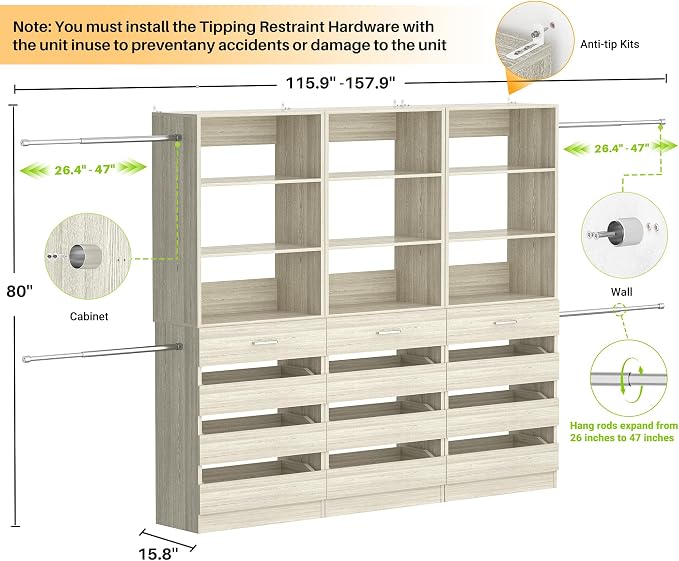 Aheaplus Closet System with 12 Drawers, 8.5-11.5Ft Wood Closet Organizer System with 4 Hanging Rods & 3 Towers, 4Ft & 6Ft L-Shaped Walk-in Closets Wardrobe Organizer Clothes Rack, Set of 3, White Oak