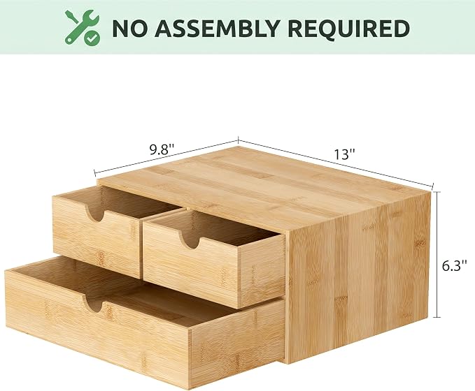 Bamboo Desk Organizer with Drawers, Desktop Storage for Office Supplies | 3 Drawers Desktop organizer, No Assembly Required, Natural Wood Wooden Desktop Drawers Box for Bills, Cosmetics, Seals, Paper