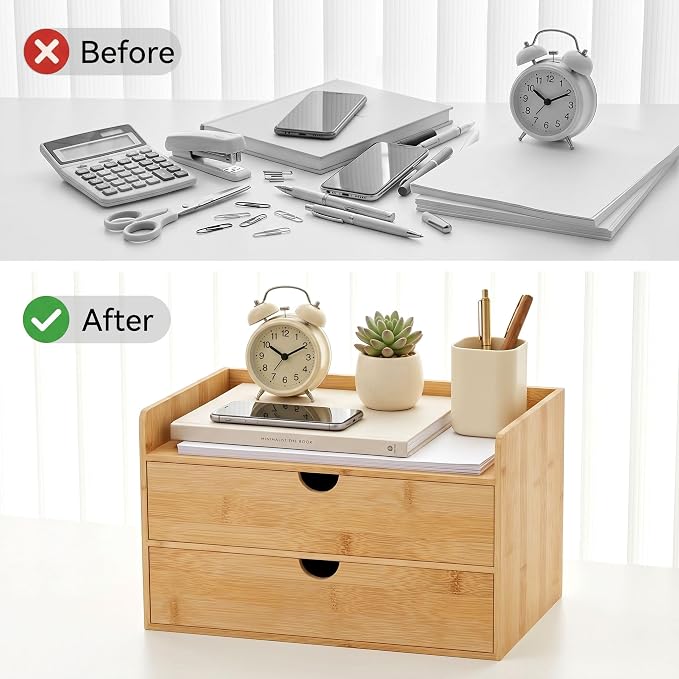 Bamboo Desk Organizer with Drawers, Desktop Storage for Office Supplies | 2 Drawers Desktop organizer, No Assembly Required, Natural Wood Wooden Desktop Drawers Box for Bills, Cosmetics, Seals, Paper