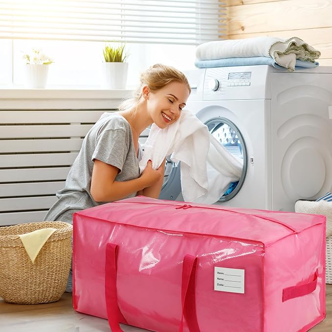 VTSVTS 4 Pack Extra Heavy Duty Large Moving Bags with Comfortable Handle & Strong Zipper,Storage Totes for Space Saving Moving Storage College Supplies Alternative to Moving Box,Pink