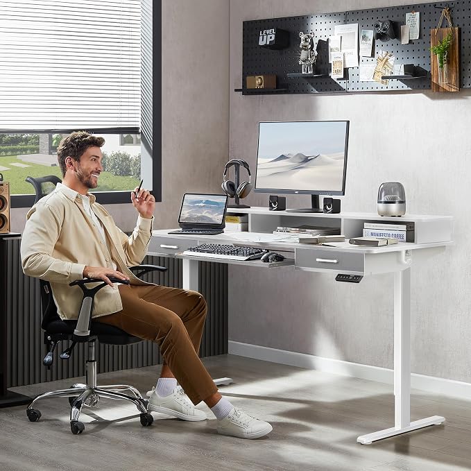 WALKINGDESK 55 Inches Electric Standing Desk with Keyboard Tray, Height Adjustable Sit to Stand Table with 2 Drawers, Ergonomic Home Office Desk with Storage Shelf, Computer Table, White