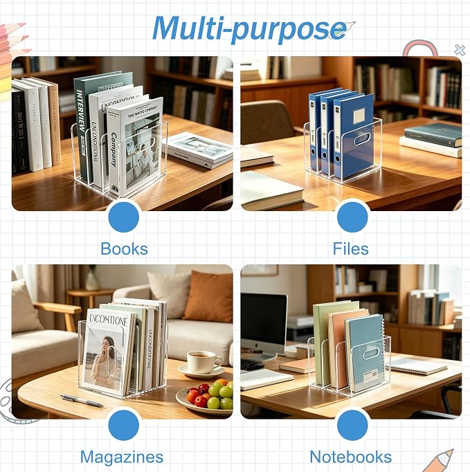 Desk File Organizer Magazine Holder 3 Vertical Acrylic Book Stand | Office Organization for Binders, Notebooks, Documents, Mail, Home Desk Decor Supplies, Classroom Storage Rack
