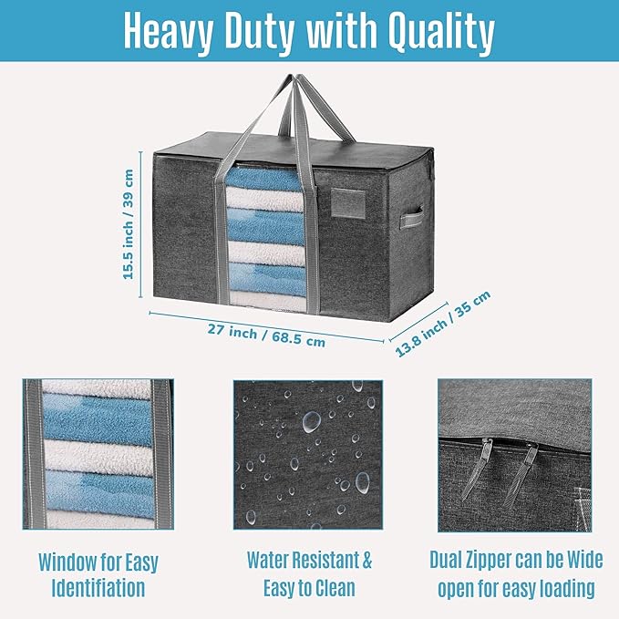 VENO 4 Pack Moving Bags with Clear Window, Heavy Duty Storage Bins with Lid, Around Handles, Tag, Zippers, Extra Large Totes Packing Moving Boxes Supplies for College Dorm Clothes (Dark Gray)