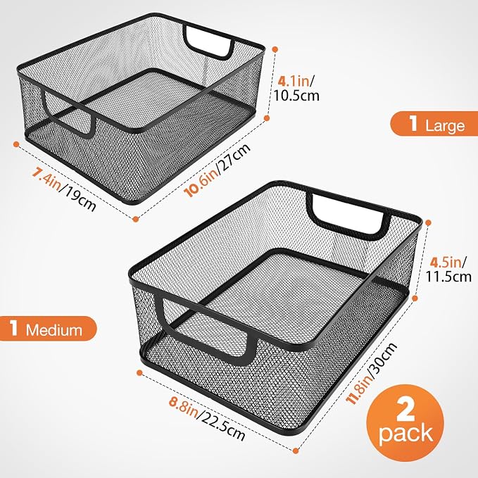 2 Pack EsOffcce Metal Mesh Steel Basket, 2 Size Household Food Sundry Storage Basket, Office Desktop Organizer Basket, Versatile Baskets with Handle for Kitchen Pantry Bathroom Home, Rectangle-Black