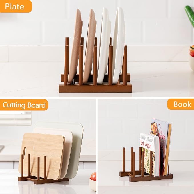 HBlife 2 Packs Teak Wooden Dish Drying Rack Stand Kitchen Plate Organizer | 4 Slots, Vertical Dish Racks for Cabinet Countertop & Wall, Plate Pot Lid Cutting Board Holder, Bowl Cup Drainer, Keep Dry