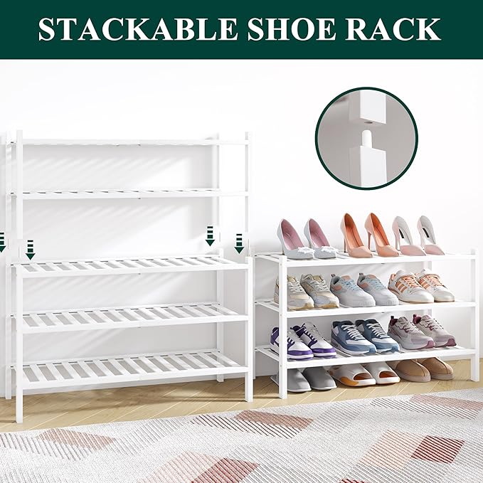 Smiry Bamboo Shoe Rack for Closet, 4 Tier Wooden Shoe Organizer, Stackable Wood Shoe Storage Shelf for Entryway, 14 Vertical Slats, 2+2 Stack Heavy-Duty Legs, 26.77"x11.02"x25.98", White